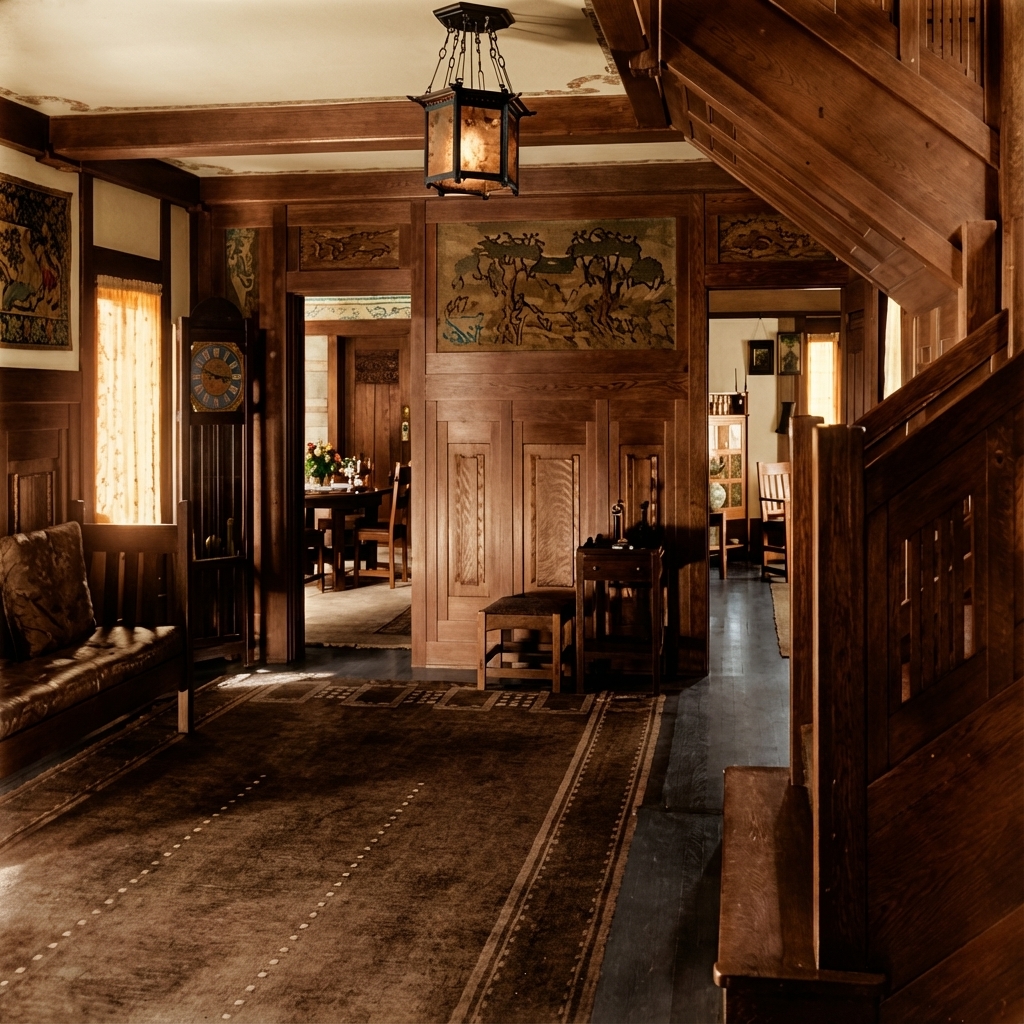 Historic entrance hall with dark wood paneling, massive staircase, carved panels, Arts and Crafts lantern fixture