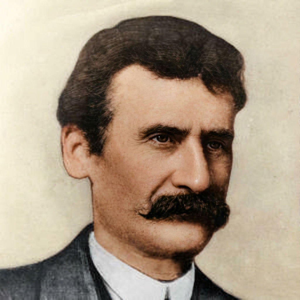Portrait of Arturo Bandini, a dark-haired man in a formal coat; historic photograph, colorized.
