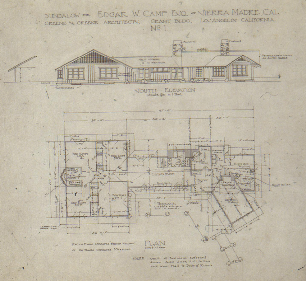 Original architectural drawing showing south elevation and floor plan for Edgar W. Camp bungalow by Greene & Greene
