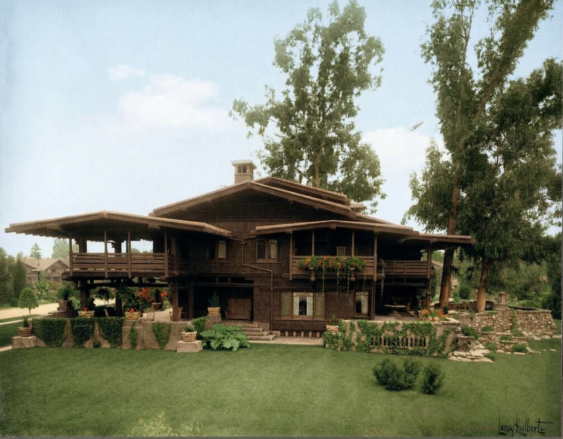 Historic sepia-toned photograph by Leroy Hulbert showing the north facade of the Gamble House circa 1908-1910.