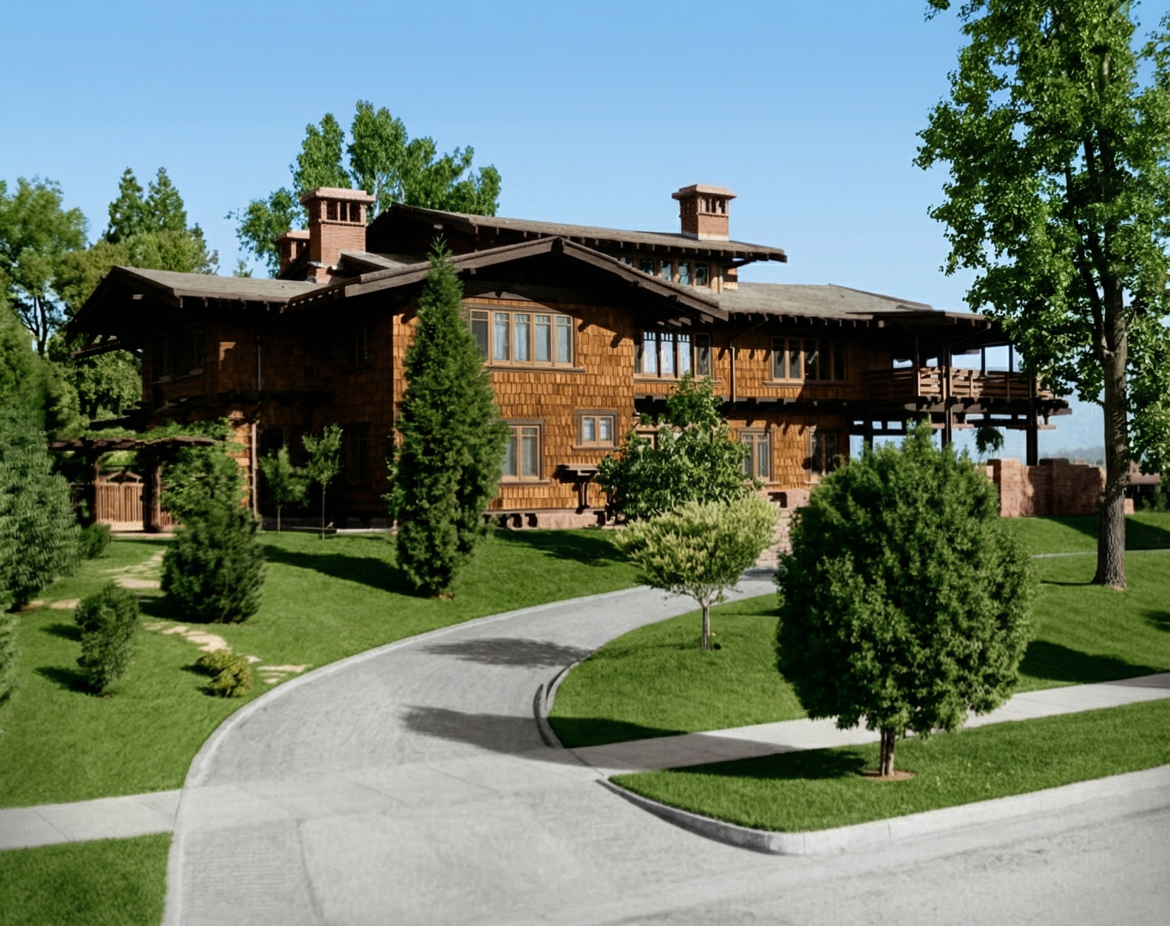 Historic colorized photograph from circa 1908-1910 showing the southeast facade of the Gamble House.