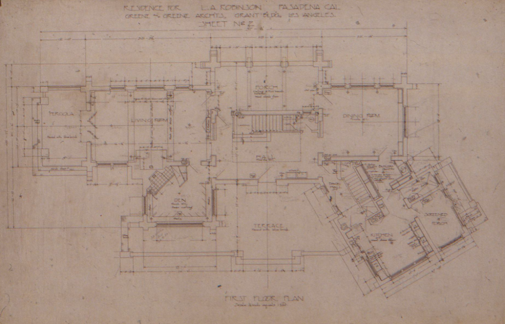 First floor plan drawing of the Laurabelle A. Robinson House showing living room, dining room, hall, pergola, and terrace