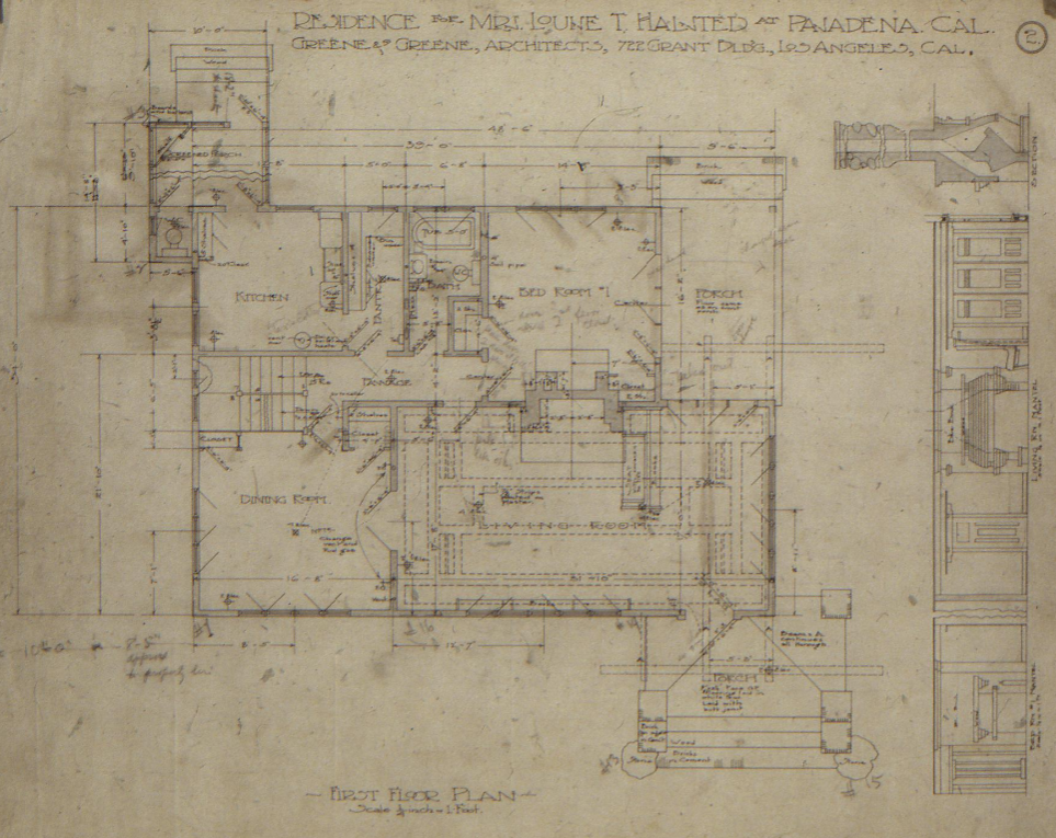 This architectural drawing details the first-floor plan for the Mrs. Louise T. Halsted House designed by Greene & Greene