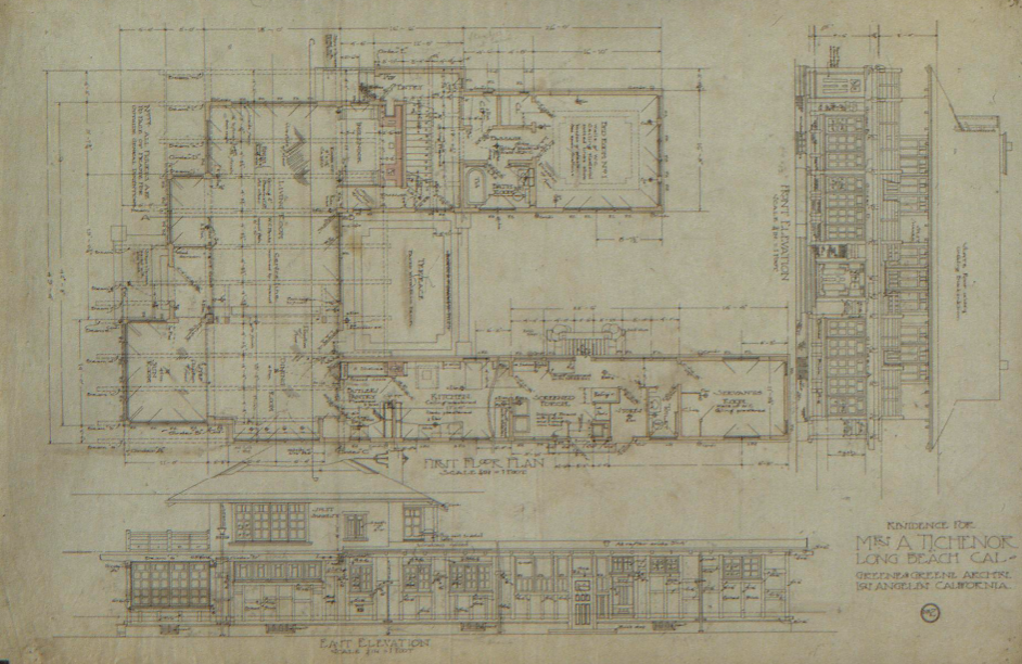 First floor architectural plan and elevation drawing by Greene & Greene for Adelaide Tichenor house, 1904-1905