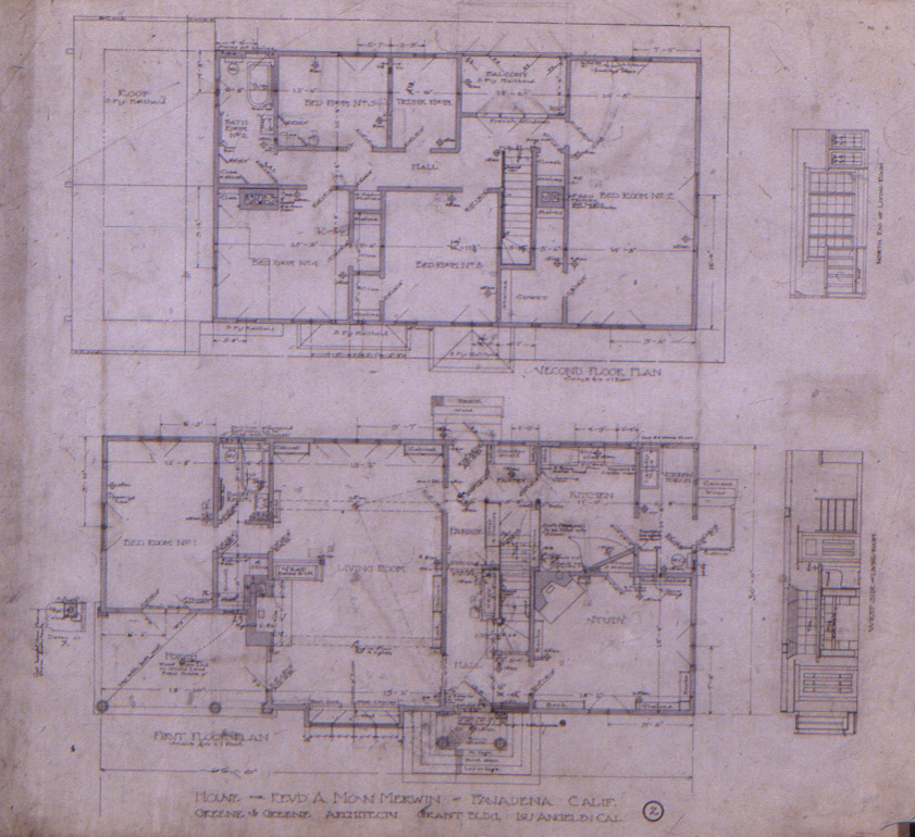 Original architectural drawing showing the first and second floor plan for the Rev. Alexander Moss Merwin house designed by Greene & Greene and built in 1904