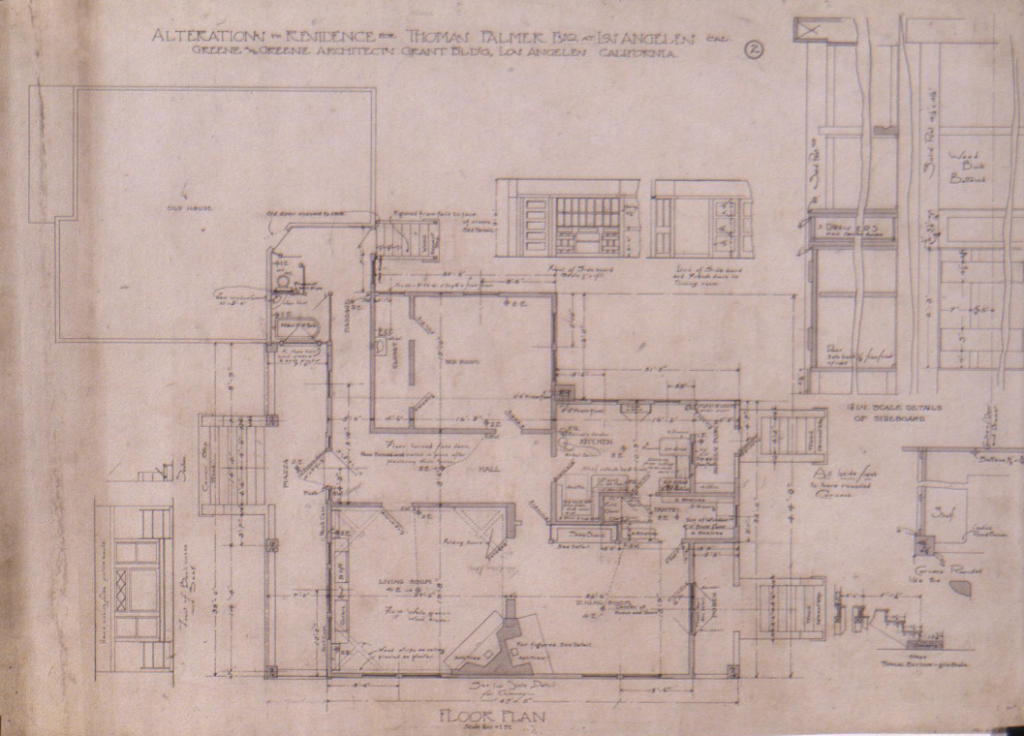 Architectural floor plan drawings showing alterations to the Mrs. Thomas Palmer House by Greene & Greene.