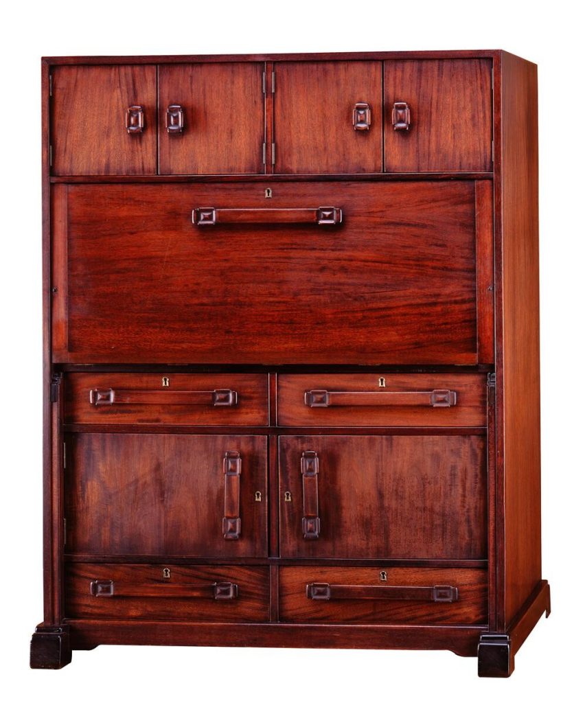 Drop-front desk from the Laurabelle A. Robinson House with mahogany finish, Arts and Crafts hardware, and multiple drawers