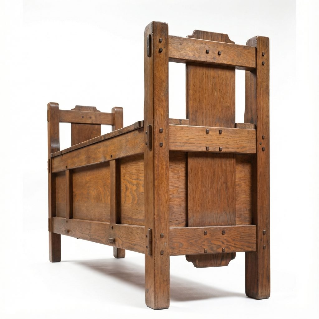 Entry hall bench from the Laurabelle A. Robinson House with oak frame, exposed joinery, and Arts and Crafts construction
