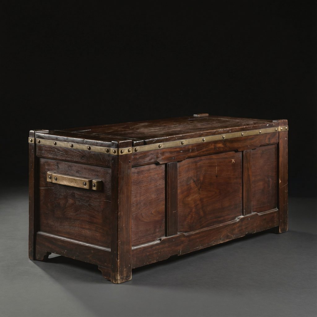 Wood storage chest from the Laurabelle A. Robinson House with brass corner brackets, hardware, and sturdy construction
