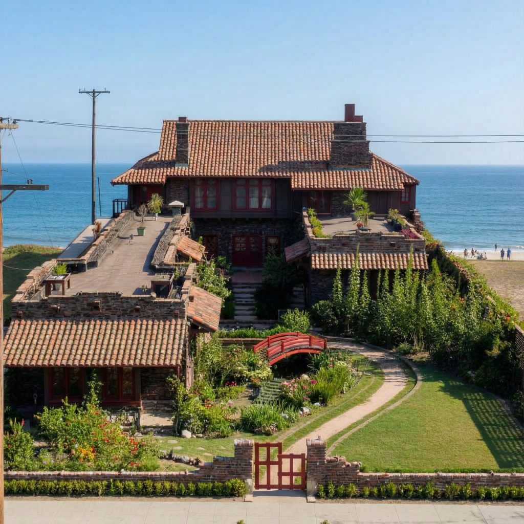 Historic colorized aerial photograph of Adelaide Tichenor house showing beachfront location and surrounding landscape
