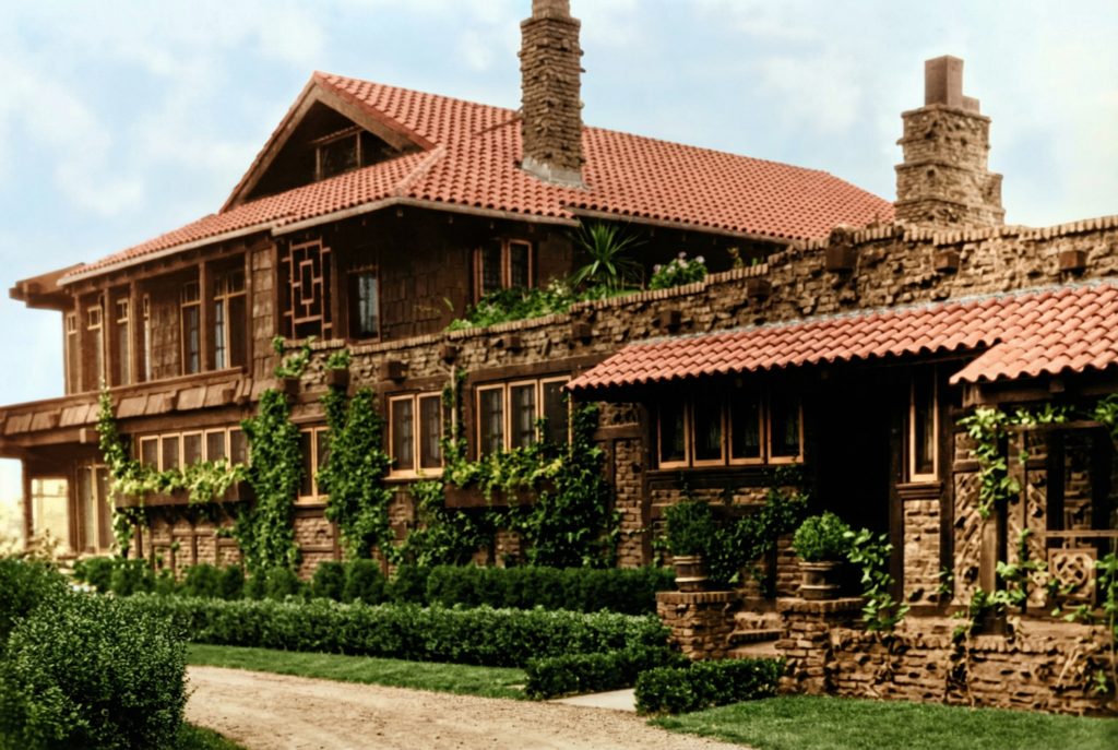 Historic colorized photograph of east facade of Adelaide Tichenor house showing Japanese-influenced architecture