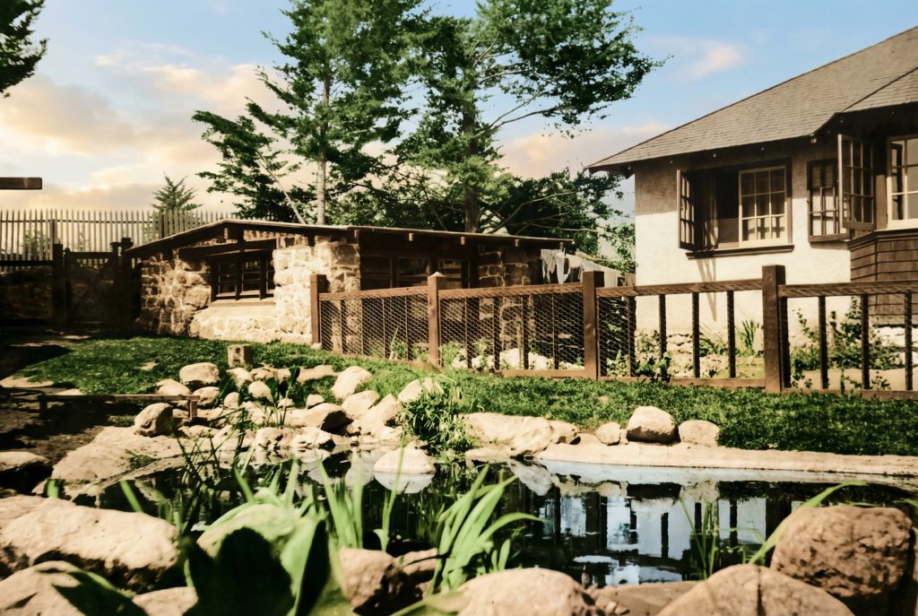 Historic colorized photograph of east side and backyard of Charles S. Greene House showing original landscape