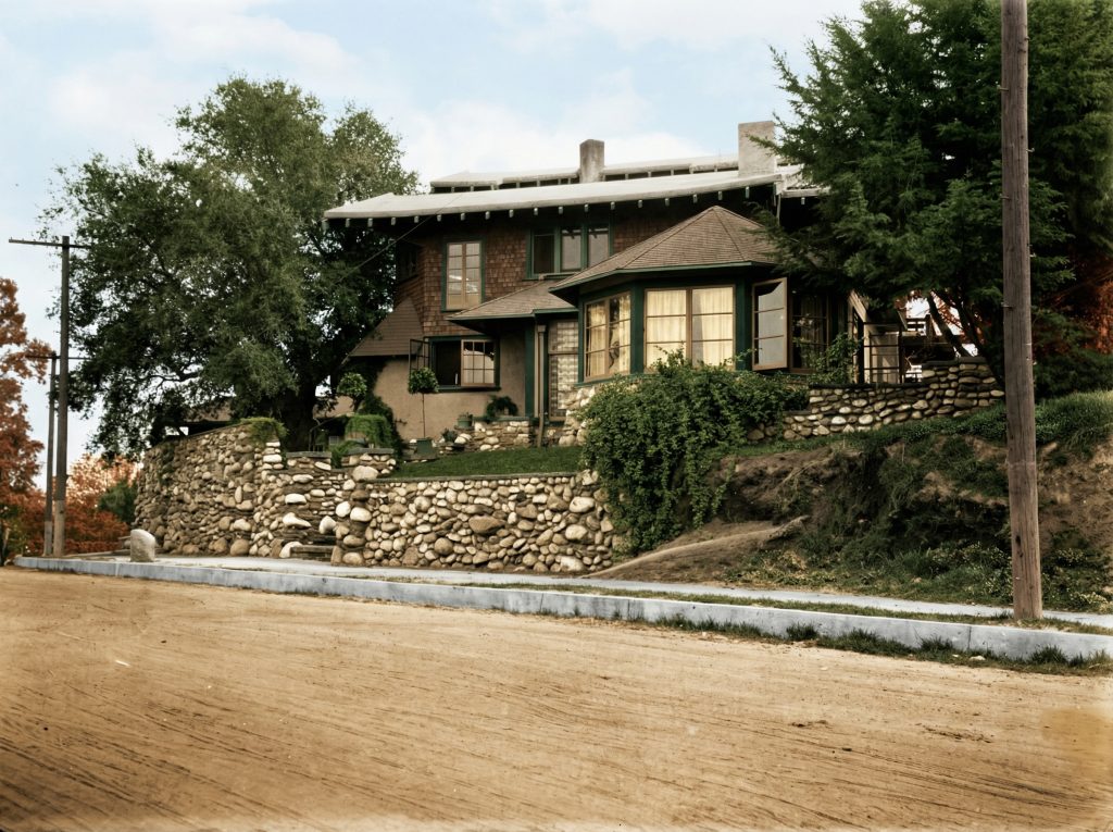 Historic colorized street view of Charles S. Greene House showing original appearance in Park Place tract