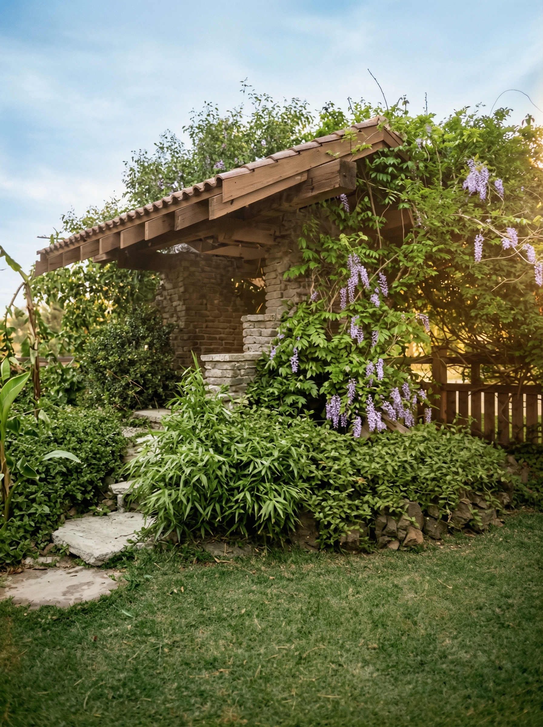 A tile-roofed timber gate at the Adelaide Tichenor House in Long Beach, set on brick piers with a low-pitched roof of curved clay tiles, draped in wisteria, with stone steps leading through it into a Japanese-style garden