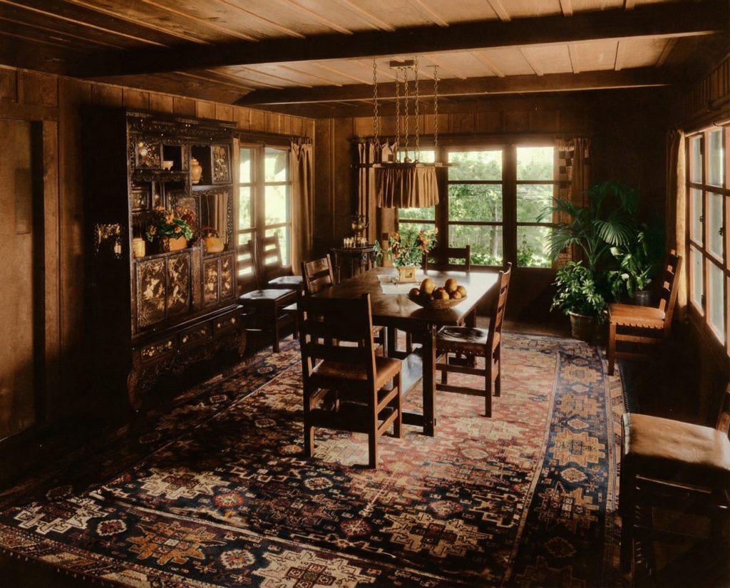 Historic colorized photograph of dining room with dark wood paneling, Arts and Crafts furniture, and Oriental rugs