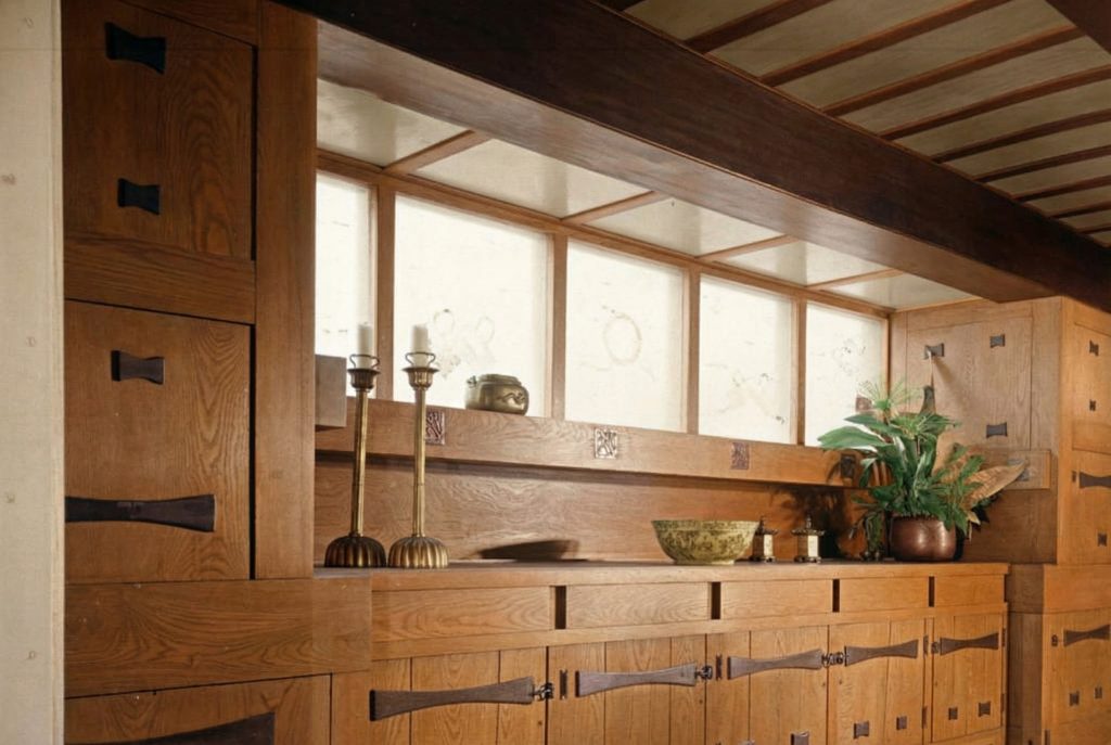 Historic colorized detail photograph of dining room sideboard craftsmanship at Adelaide Tichenor house, circa 1905