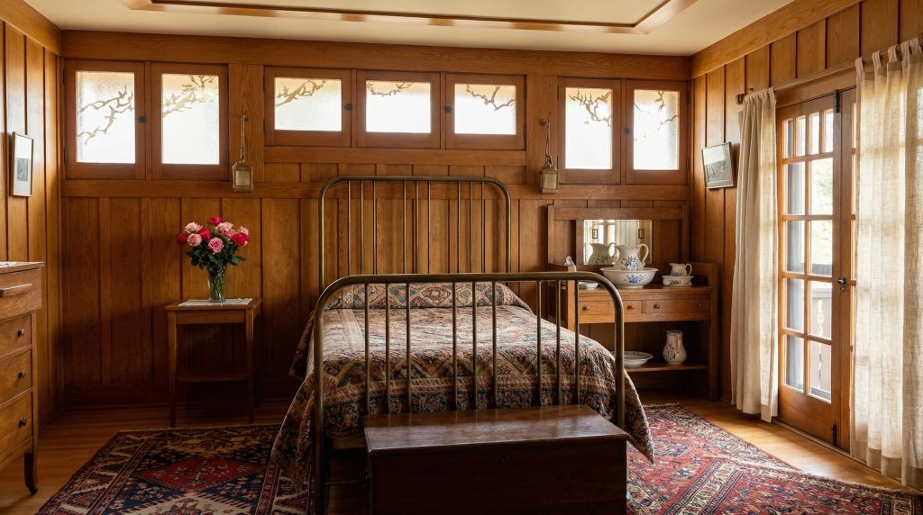 Historic colorized photograph of guest bedroom interior with Arts and Crafts furnishings at Adelaide Tichenor house