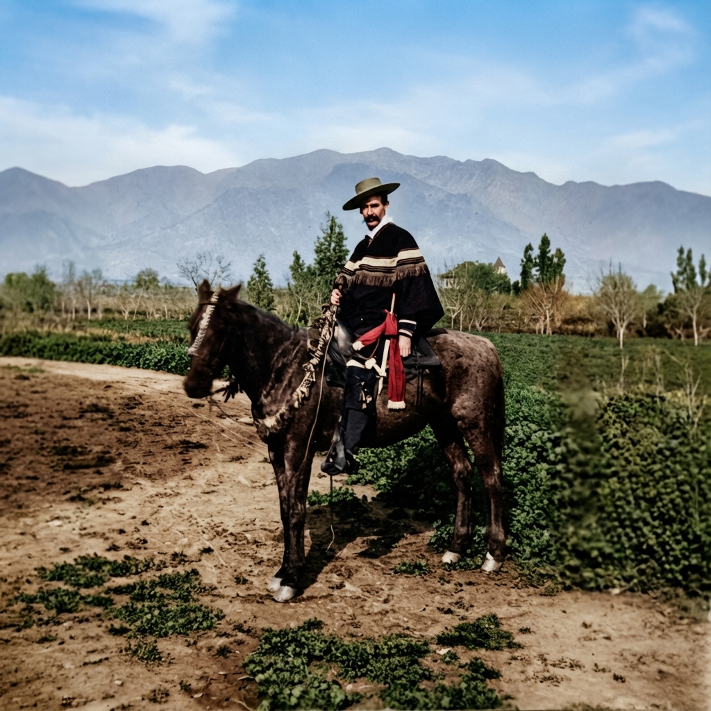 Arturo Bandini seated on a horse, dressed for riding; historic photograph, colorized.