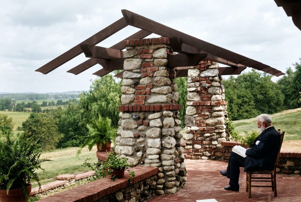 James Culbertson reading on outdoor terrace under stone and brick pergola with sweeping valley and mountain views