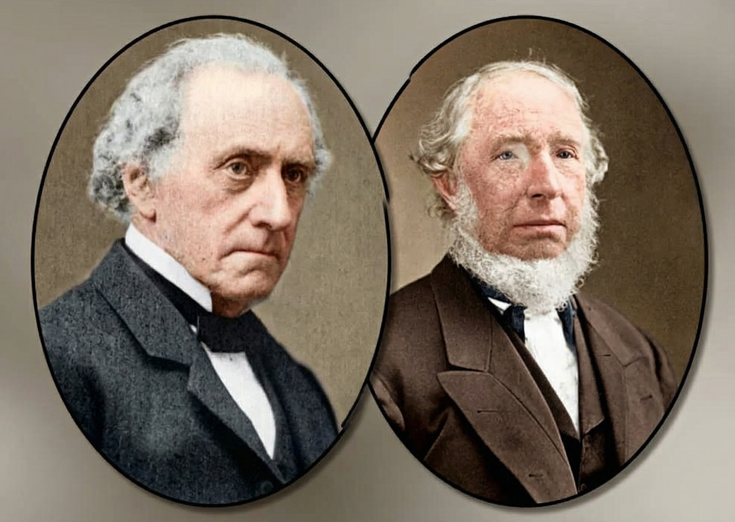 Historic colorized dual portrait photograph from the mid-19th century showing James Gamble (left) and William Proctor (right), the founders of Procter & Gamble Company.