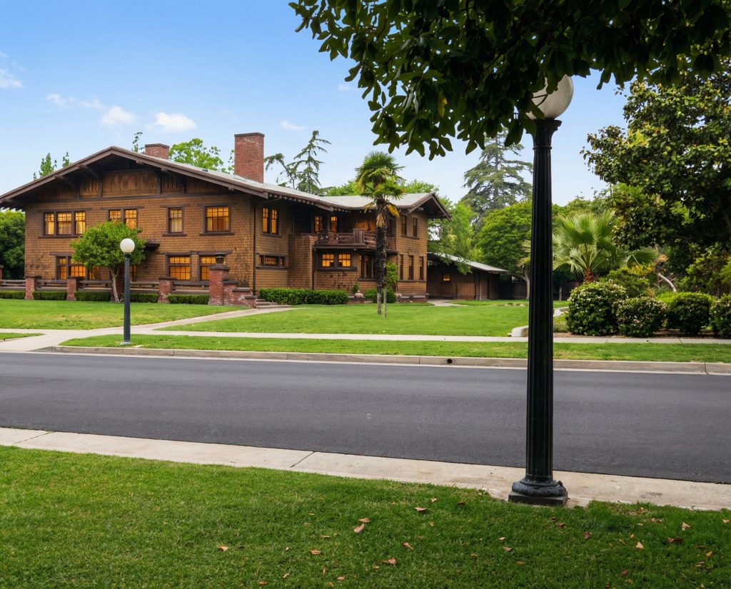 Historic colorized photograph of the Dr. Arthur A. Libby House designed by Greene & Greene and built in 1905.