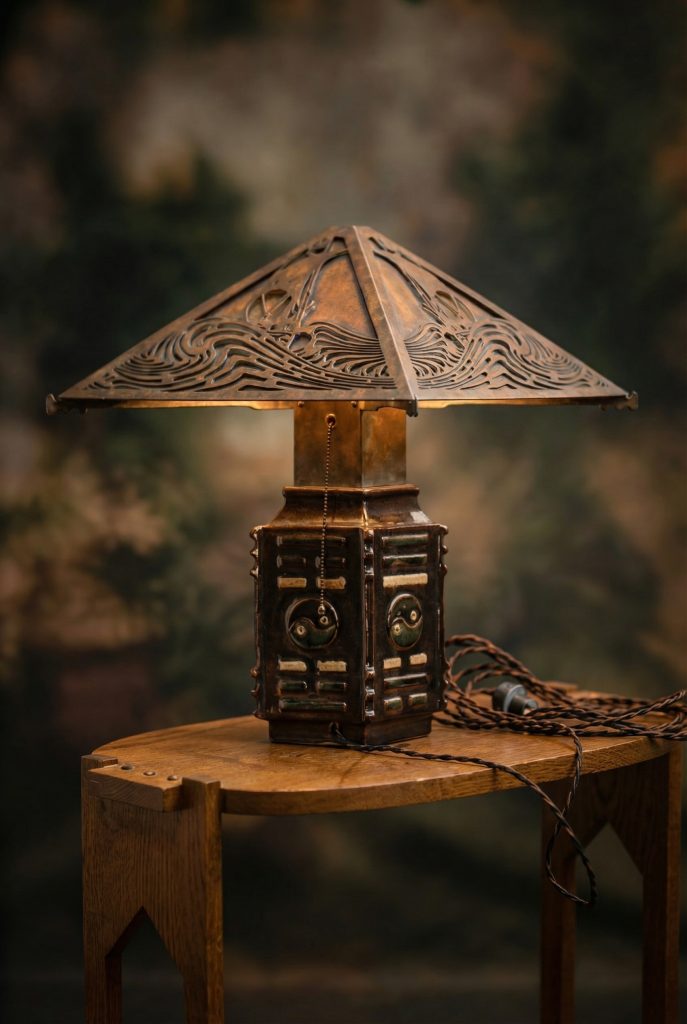Historic colorized photograph of Arts and Crafts lamp with leaded glass shade designed for Adelaide Tichenor house
