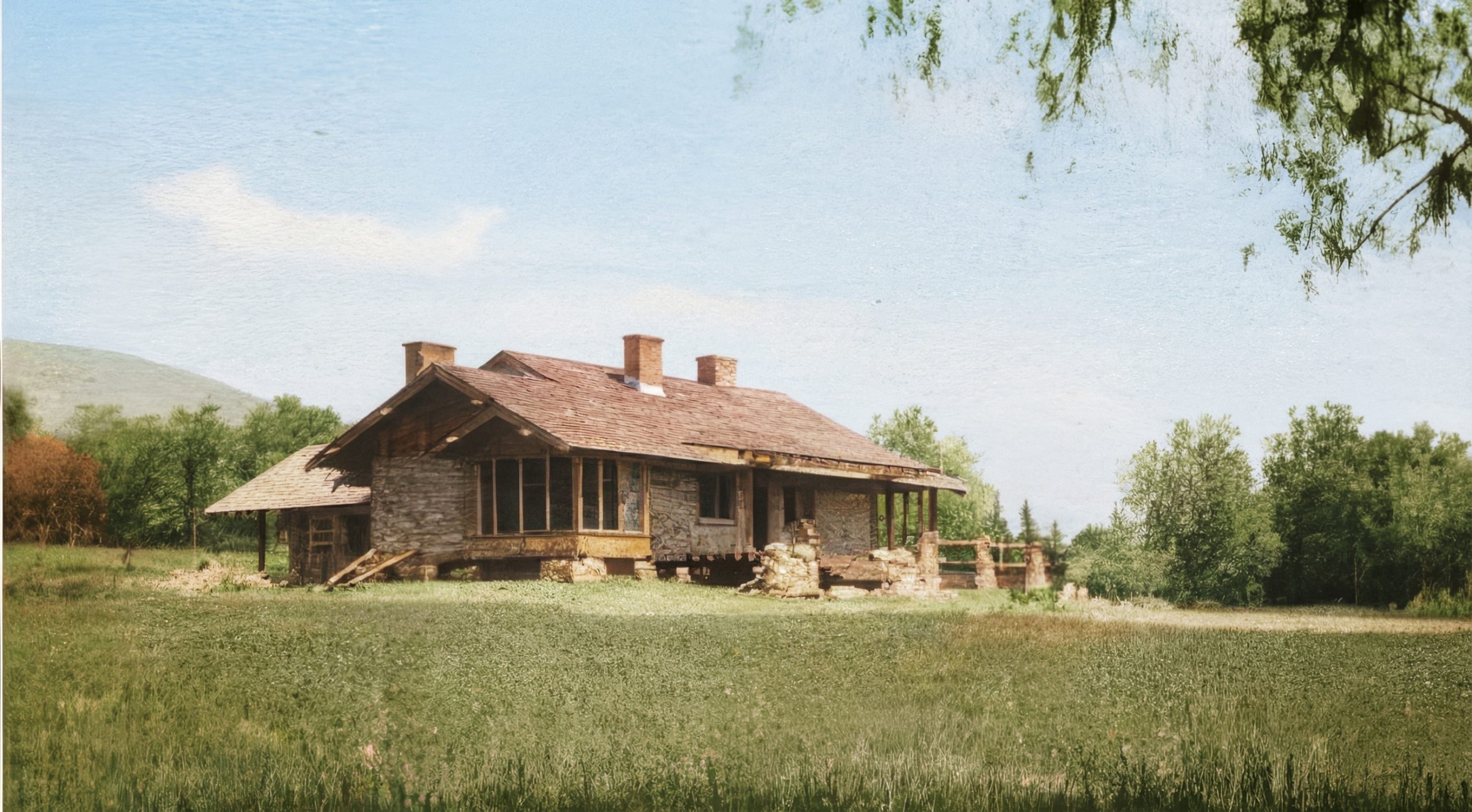 A rendered historical photograph of the William A. Bowen House in its original one-story form and under construction in 1905.