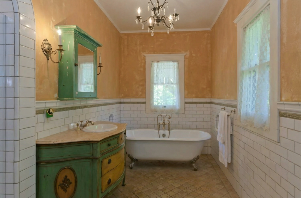 Elegant bathroom with clawfoot tub, green and yellow painted vanity, subway tile wainscoting, and crystal chandelier.