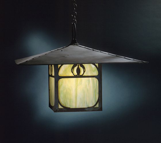 Hanging lantern from the Laurabelle A. Robinson House with pyramidal metal shade, art glass panels, and decorative motifs