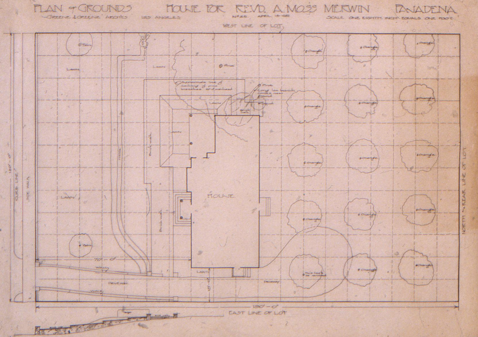 Original architectural drawing showing the plan of the grounds of the Rev. Alexander Moss Merwin house designed by Greene & Greene and built in 1904