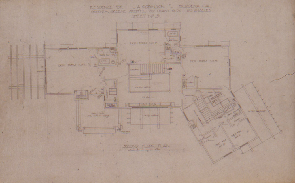 Second floor plan drawing of the Laurabelle A. Robinson House showing bedrooms, bathrooms, hall, and staircase layout