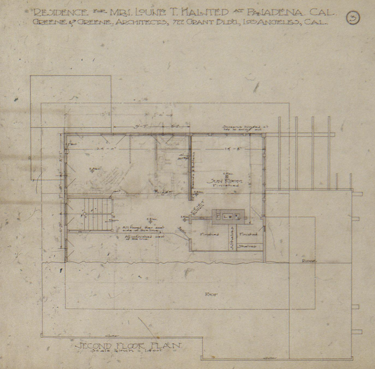 This architectural drawing details the second-floor plan for the Mrs. Louise T. Halsted House designed by Greene & Greene