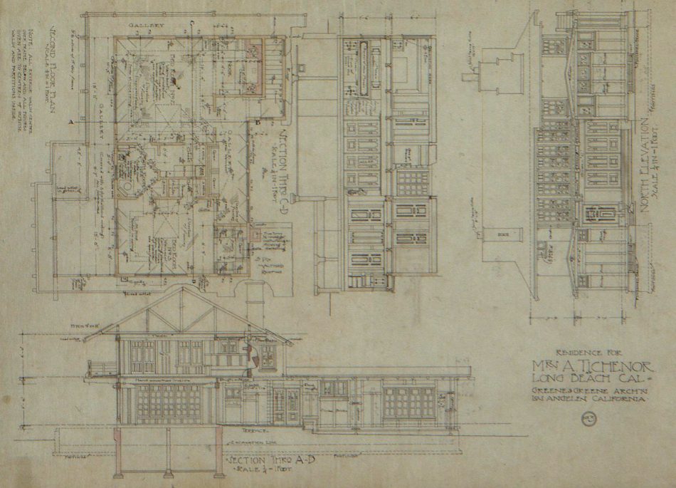 Second floor architectural plan and elevation drawing by Greene & Greene for Adelaide Tichenor house, 1904-1905