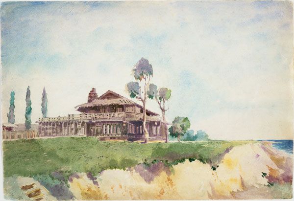 Watercolor rendering by Charles Sumner Greene showing exterior view of Adelaide Tichenor house, circa 1904-1905