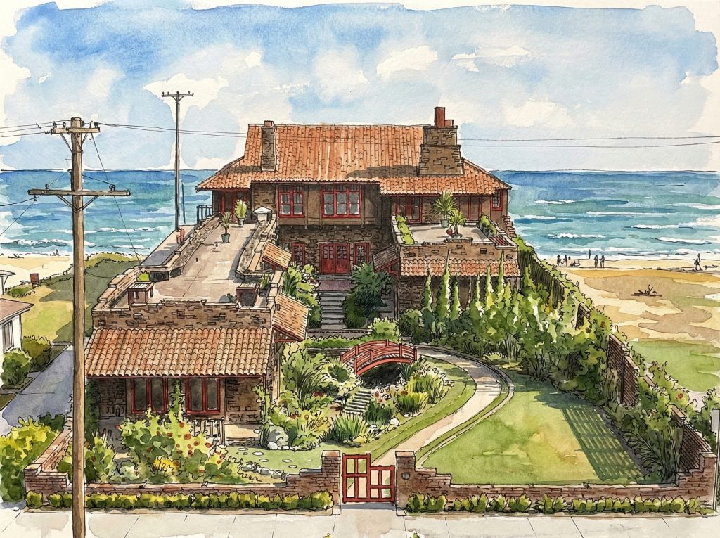 Watercolor and pen drawing of the Adelaide M. Tichenor house designed by Greene & Greene and built in 1904-1905.