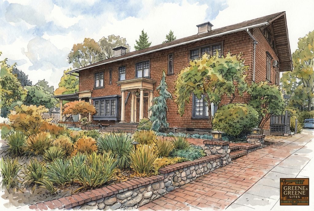 Watercolor and pen drawing of the Rev. Alexander Moss Merwin House designed Greene & Greene and built in 1904