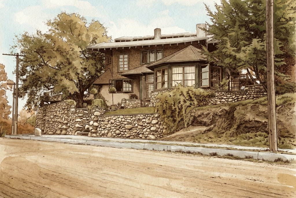Watercolor and pen drawing of the Charles S. Greene house, showing the architect's own home built in 1902.