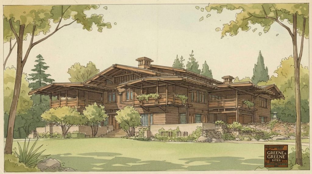 Watercolor and pen-and-ink architectural perspective drawing of the David B. Gamble House designed by Greene & Greene.