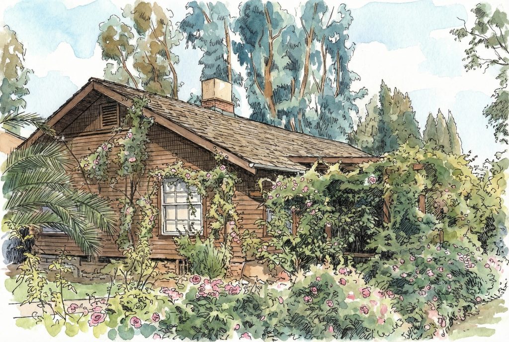 Watercolor and pen drawing of the Dr. Edith J. Claypole House designed by Greene & Greene and built in 1903.