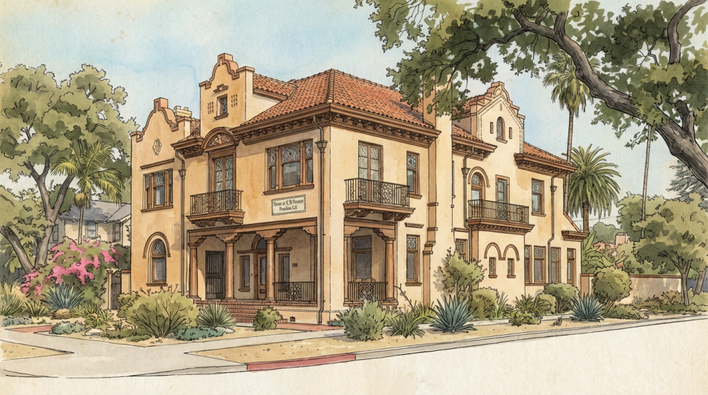 Watercolor and pen drawing of the Edward B. Hosmer house built in 1897 by Greene & Greene.