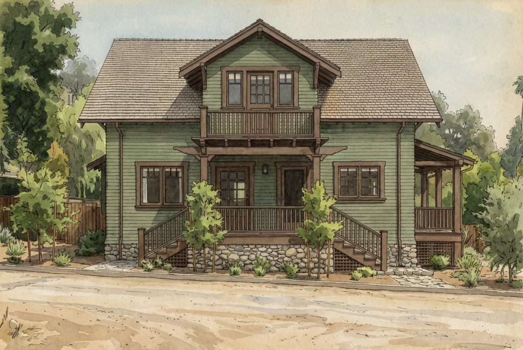 Watercolor and pen drawing of the Emma M. Black house designed by Greene & Greene and built in 1903.
