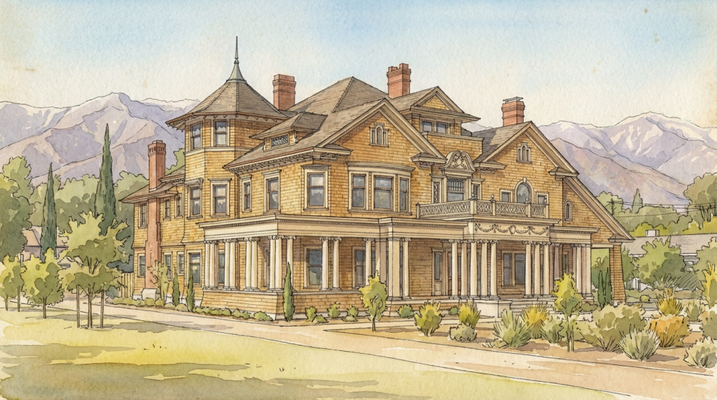 Watercolor and pen drawing of the James Swan house built in 1898 and designed by Greene & Greene.