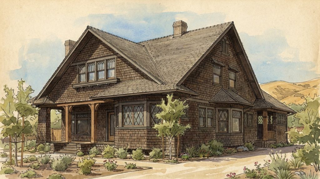 Watercolor and pen drawing of the Mrs. Metilde Phillips house designed by Greene & Greene and built in 1902.