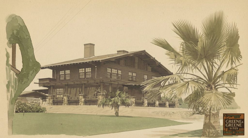 Stylized architectural perspective drawing of the Dr. Arthur A. Libby House in the Arts and Crafts style, rendered in watercolor and pen-and-ink technique.