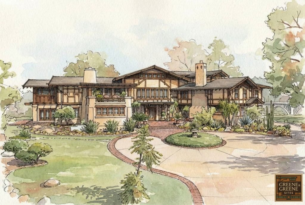 Watercolor and pen drawing of the Laurabelle A. Robinson house designed by Greene & Greene and built in 1905.