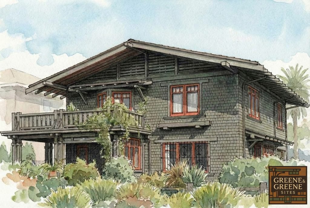 Watercolor and pen drawing of the Miss Lucy E. Wheeler House designed by Greene & Greene and built in 1905.