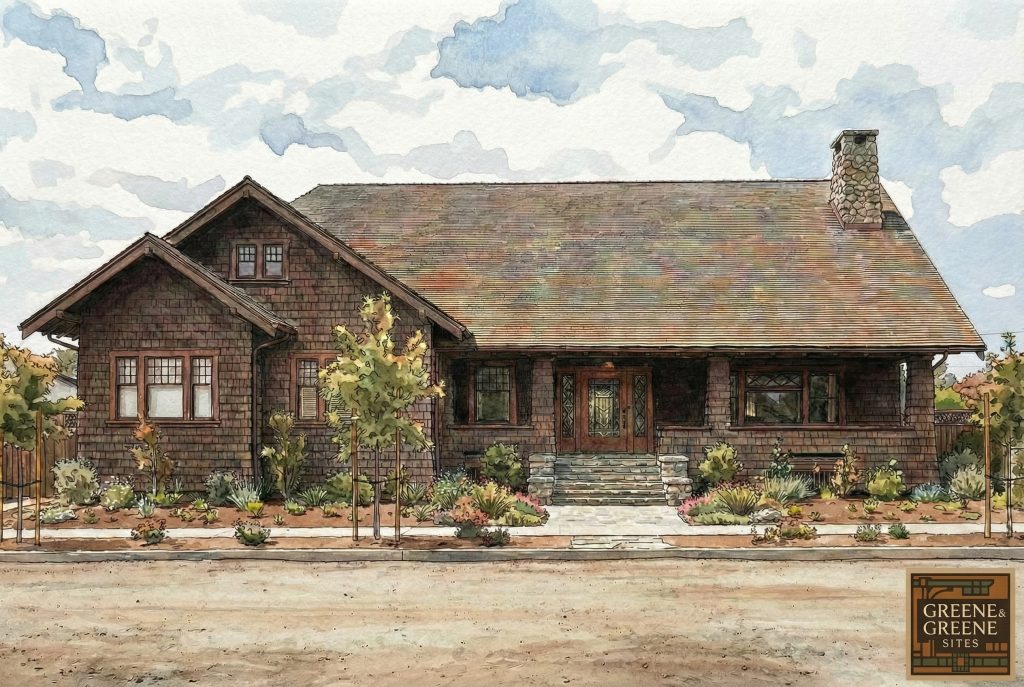 Watercolor and pen drawing of the Mrs. Thomas Palmer House designed by Greene & Greene and built in 1904.