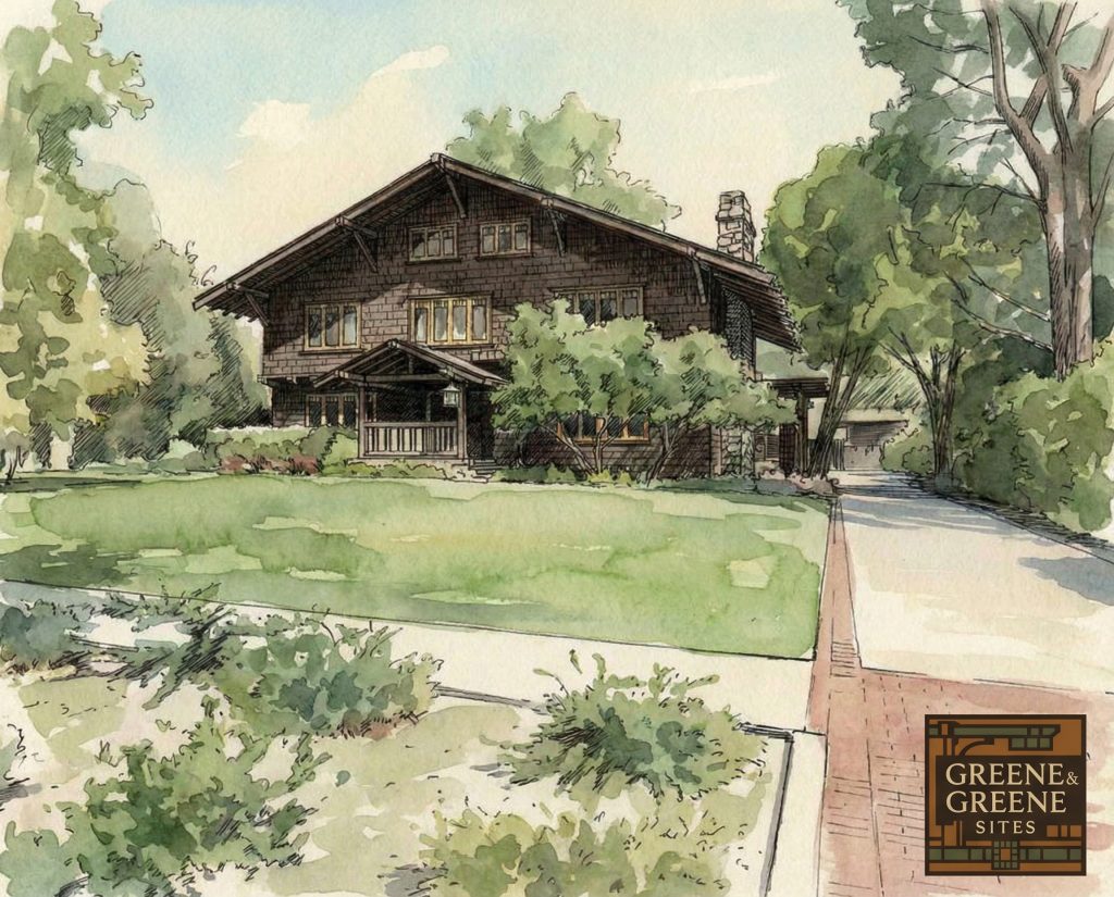Watercolor rendering of the John Bakewell Phillips House depicting the front elevation with lush landscaping.