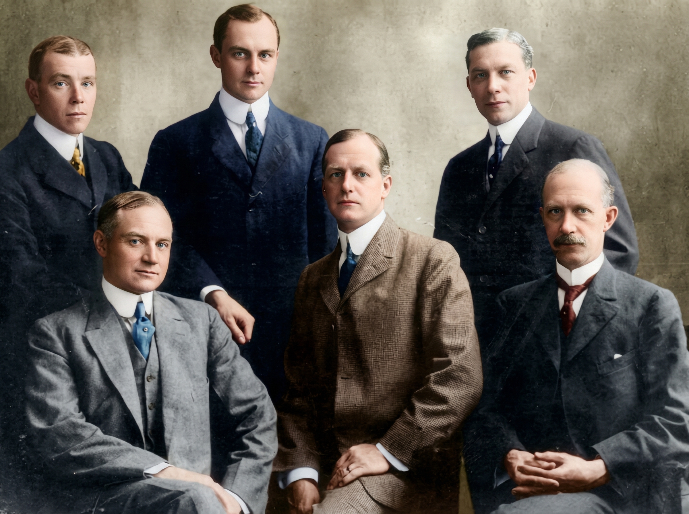 Historical photograph of all Pratt family brothers.  From left: John, Harold, Herbert, George, Frederic, and Charles