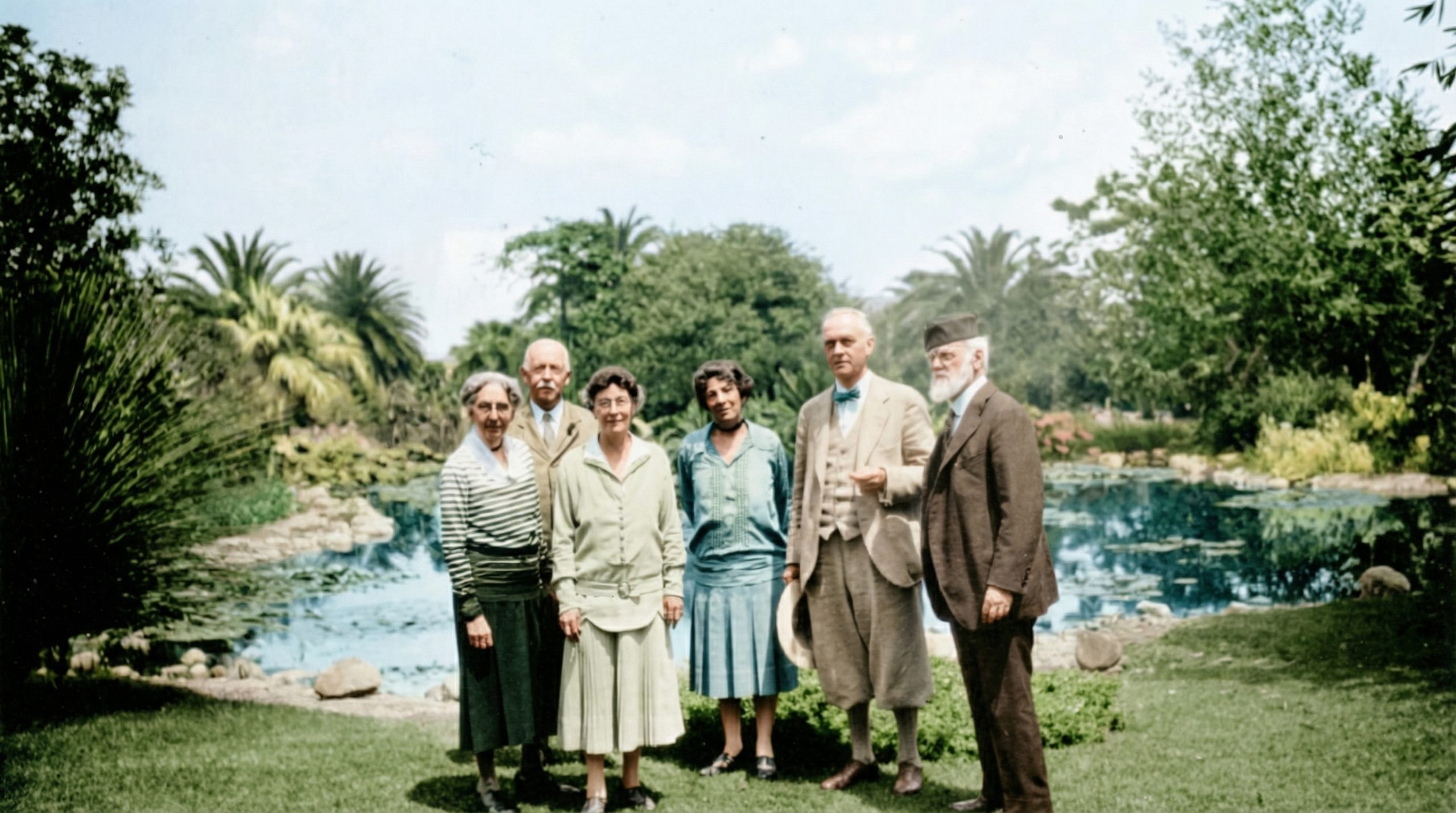 The Thorsens, Frosts, and Blackers gathered on the grounds of the Blacker House in Pasadena, early 1900s